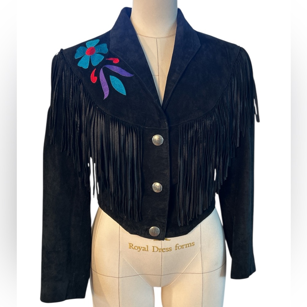 Pioneer Wear suede fringe floral embroidered jacket black small